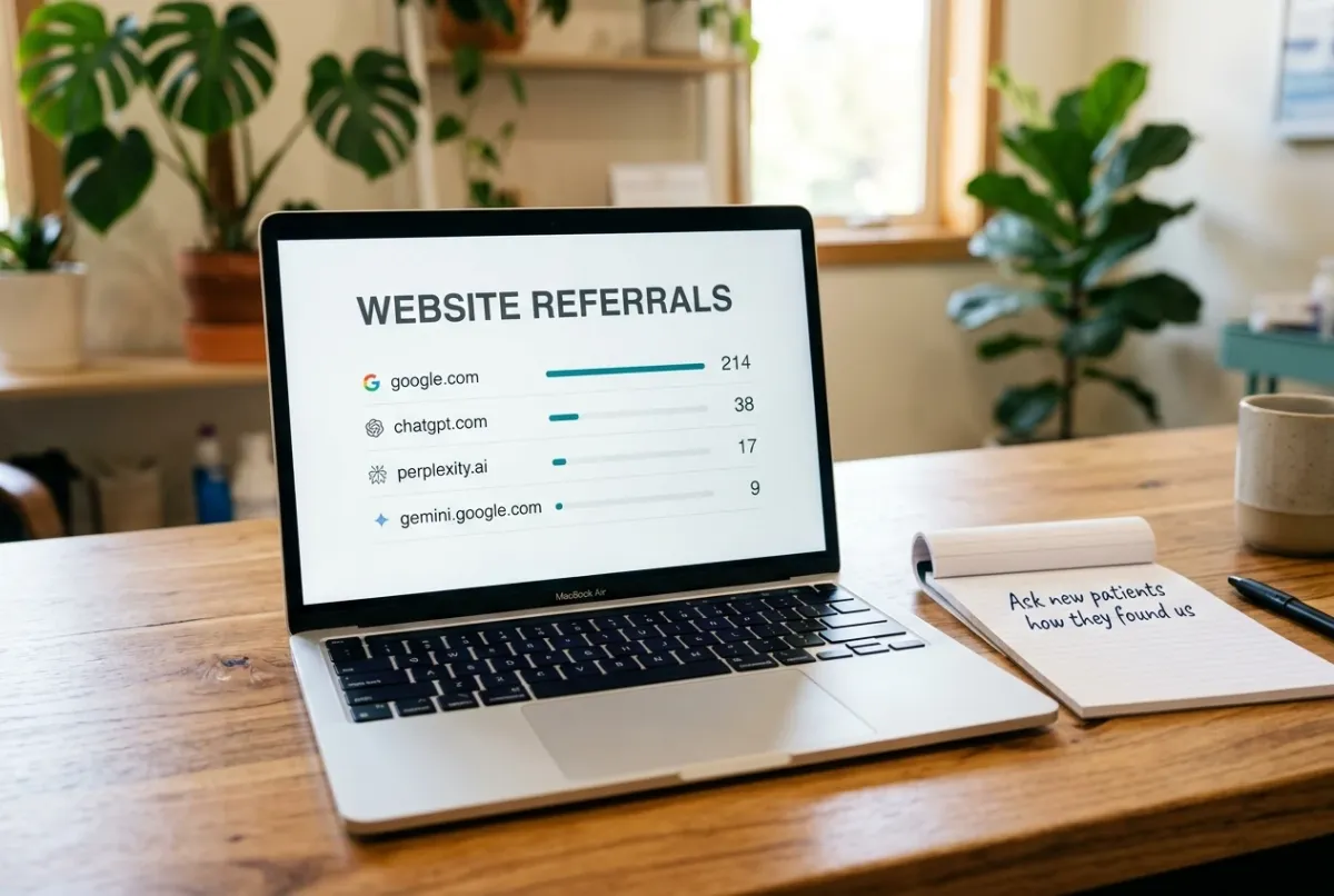 Analytics dashboard showing website referrals from google.com, chatgpt.com, perplexity.ai and gemini.google.com beside a note to ask new patients how they found the clinic