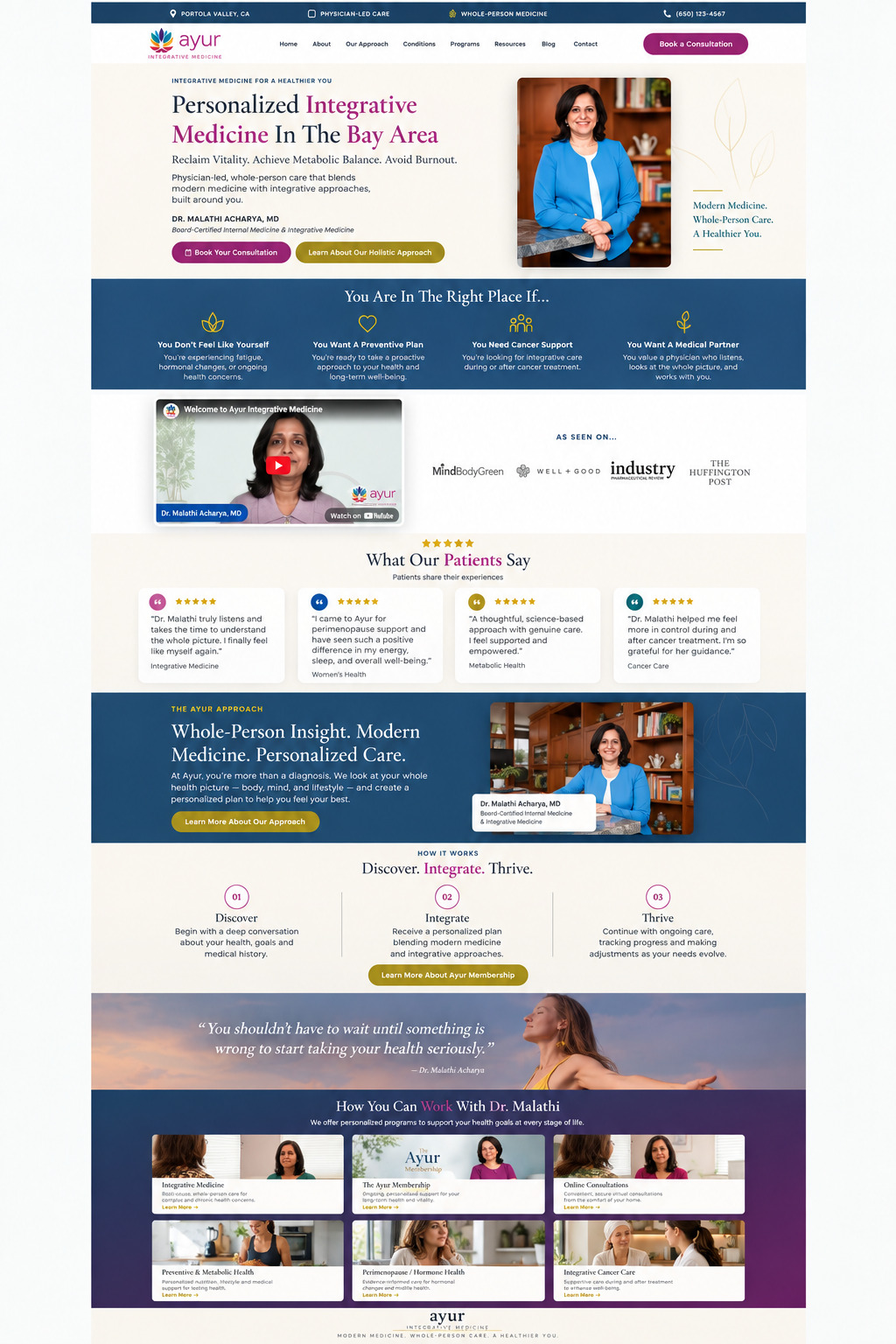 The redesigned Ayur Integrative Medicine homepage, full page
