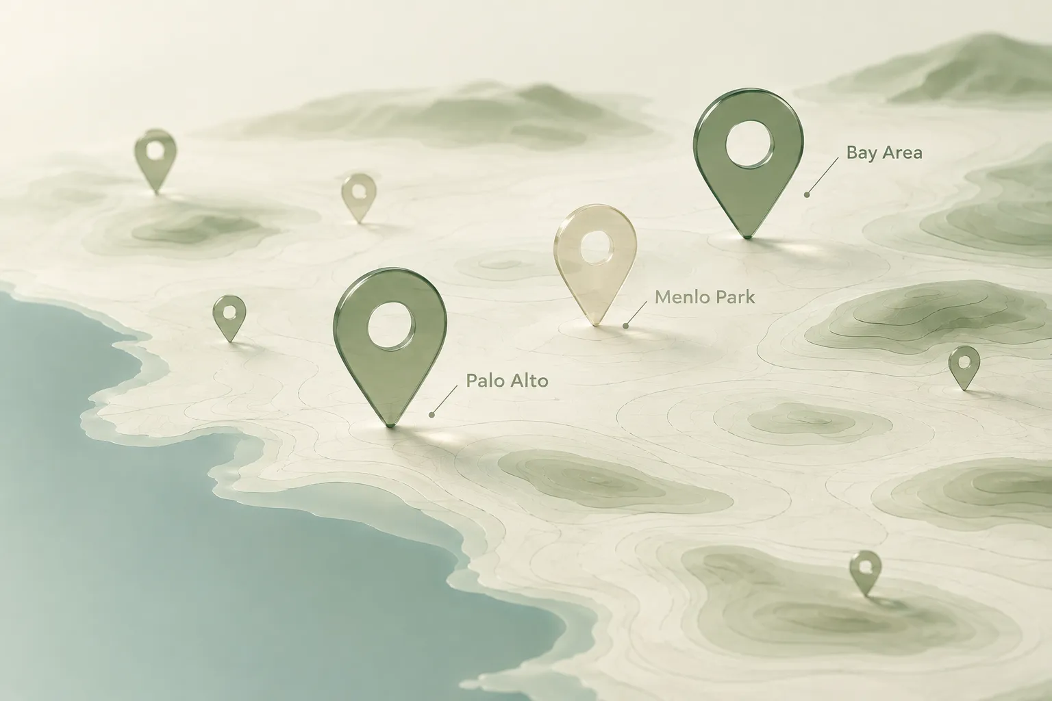 Illustrated map of the Bay Area showing location pins for Palo Alto, Menlo Park and the Bay Area region