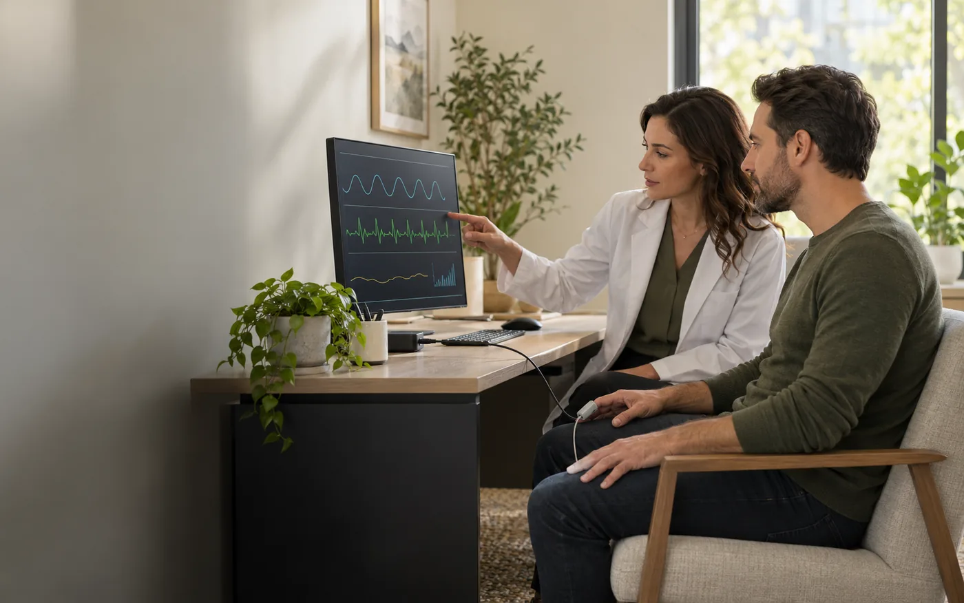 Biofeedback practitioner explaining physiological feedback to an adult patient