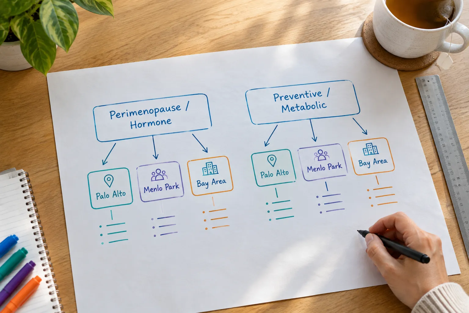 Hand-drawn diagram of a Google Ads campaign structure split by service and location