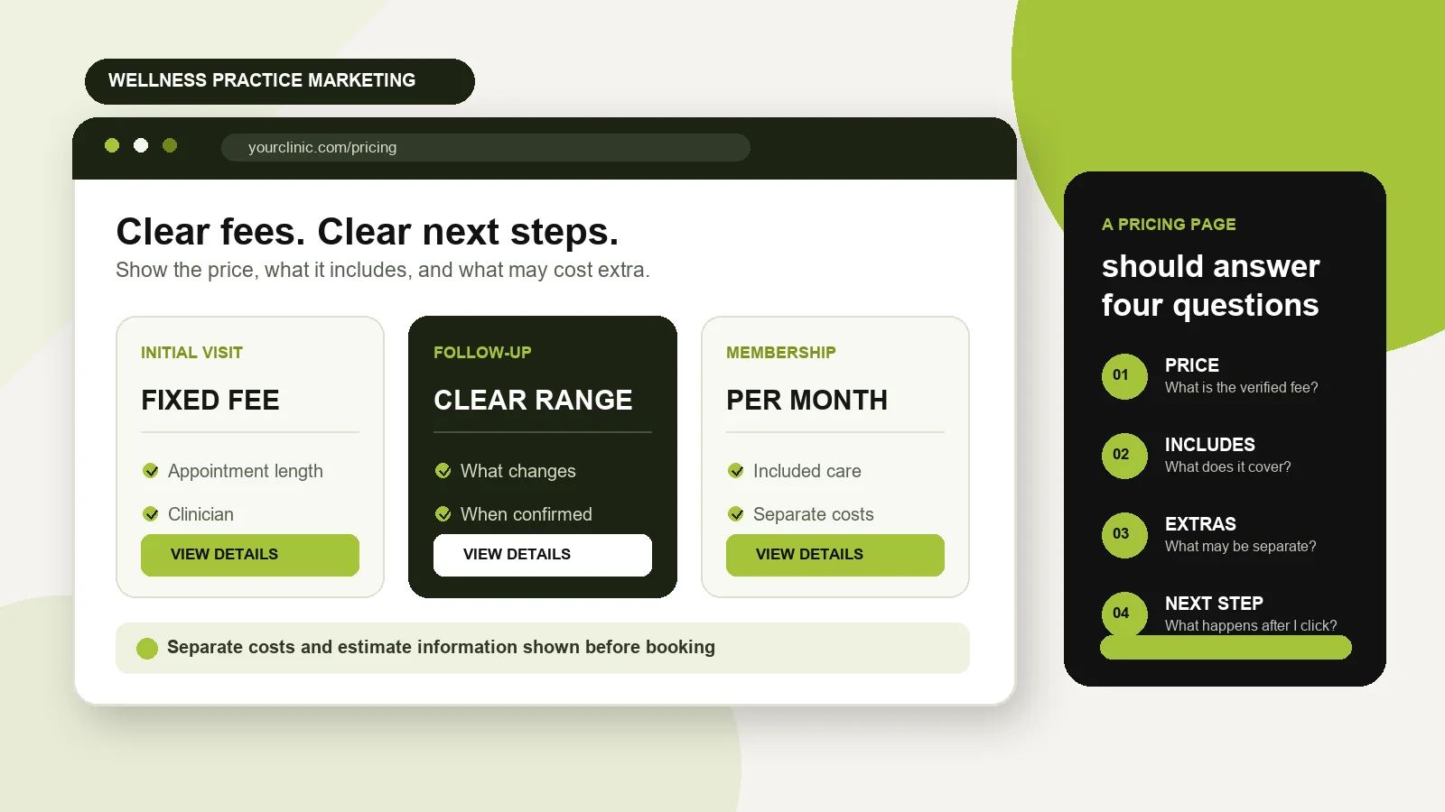 Illustrated cash-pay clinic pricing page with clear consultation fees, inclusions and separate costs