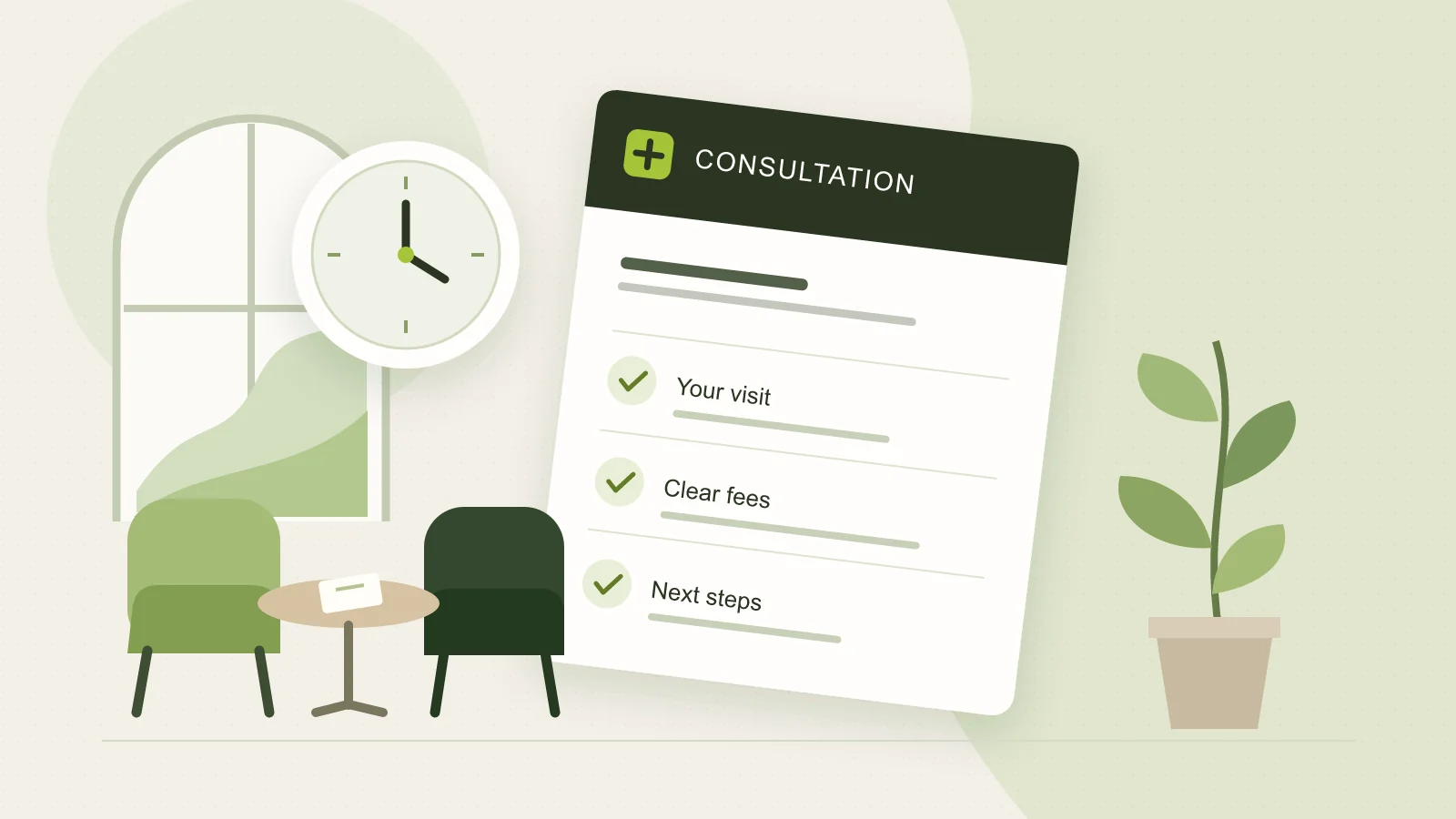 Editorial illustration of consultation chairs, a clock and a clear appointment plan with fees and next steps