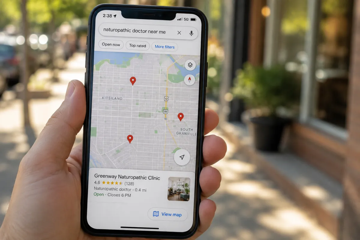 Patient searching naturopathic doctor near me on Google Maps from a city sidewalk