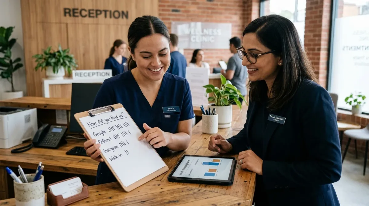 Clinic receptionist and practice owner comparing a handwritten lead-source tally sheet against an ads report on a tablet