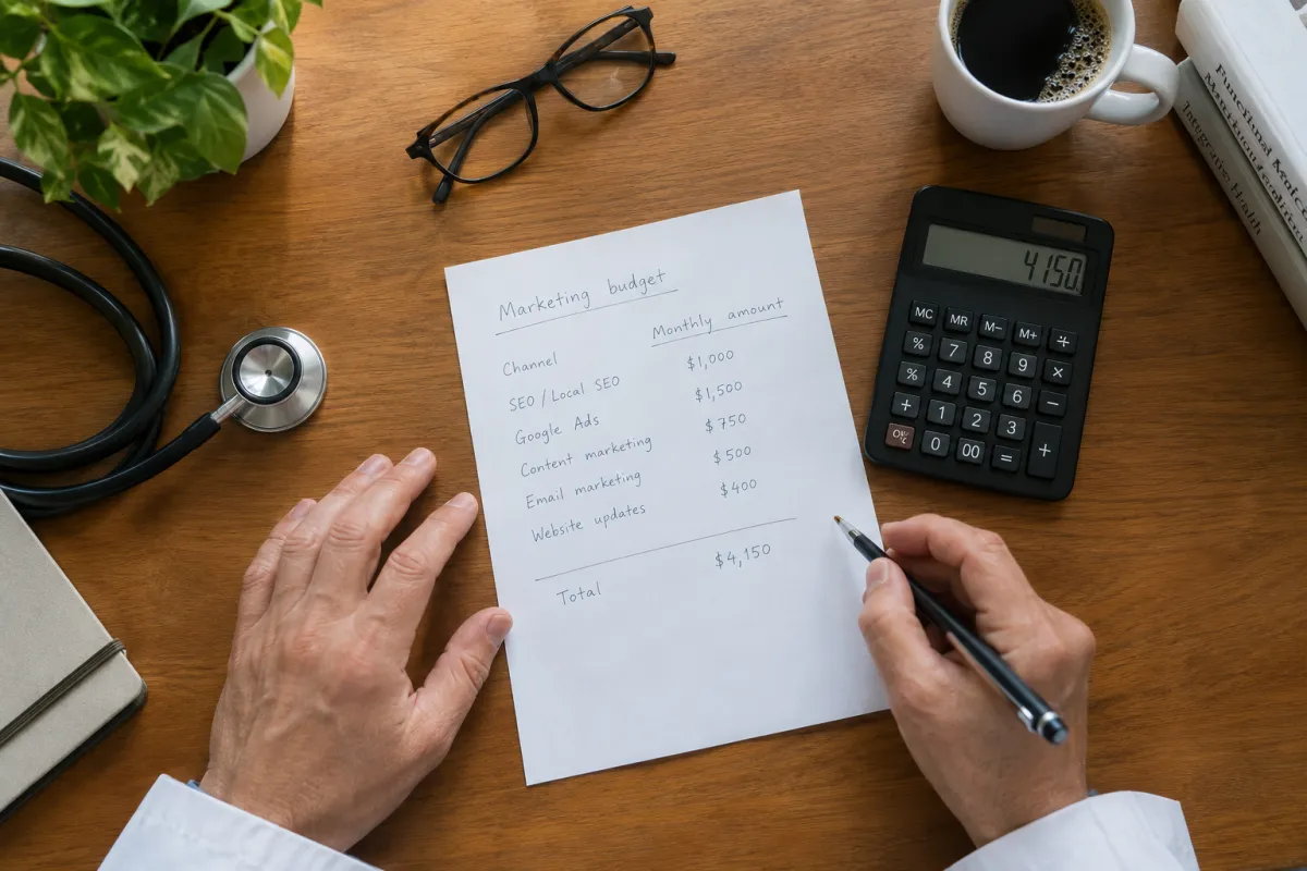 Functional medicine clinic owner writing a monthly marketing budget by hand with a calculator