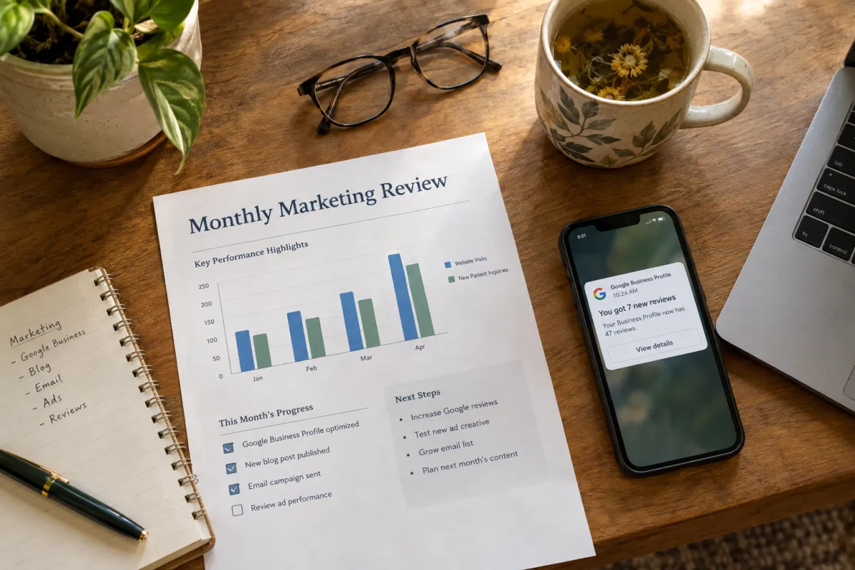 Printed monthly marketing review with a performance chart beside a phone showing a new Google reviews notification