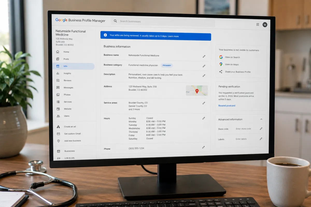 Google Business Profile dashboard showing a clinic not visible to customers with pending verification