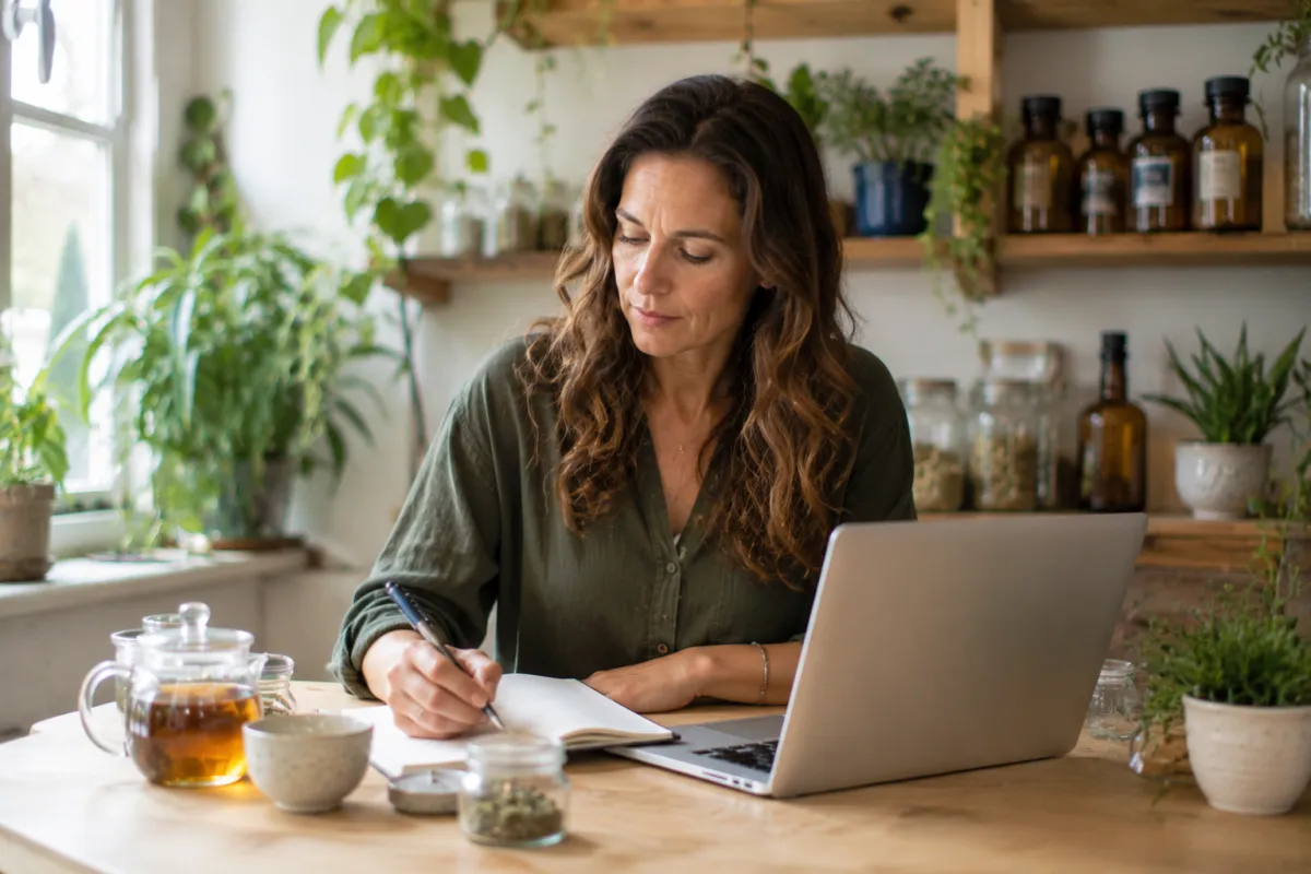 Naturopathic doctor writing an educational health article in a plant-filled clinic