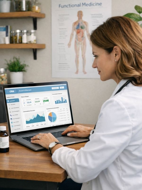 Integrative medicine provider reviewing a marketing and patient CRM dashboard