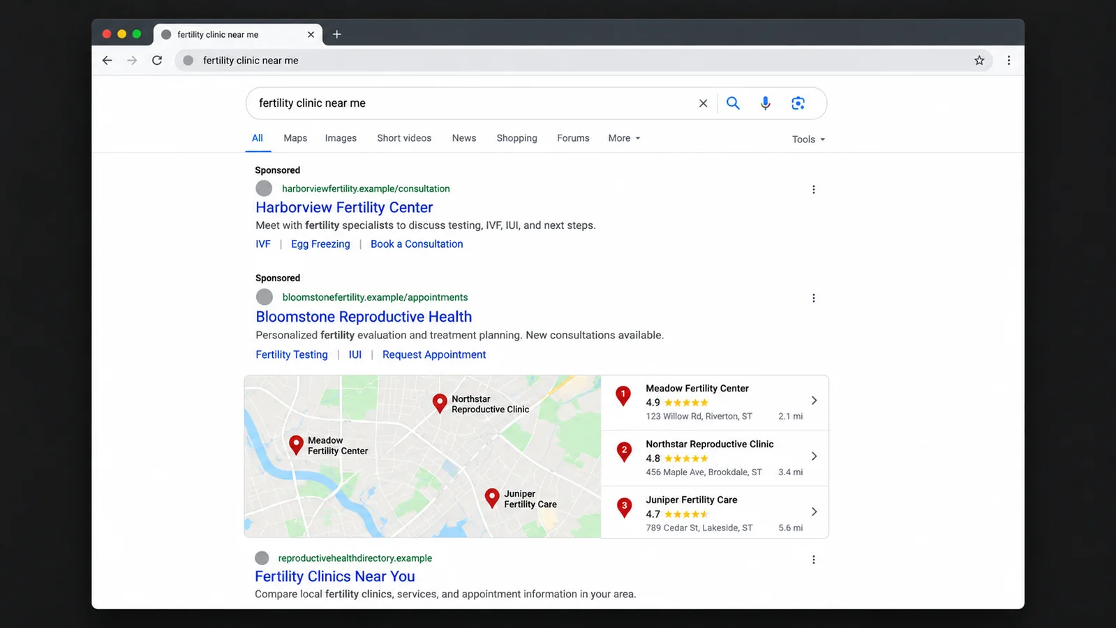 Illustrative search results for fertility clinic near me showing sponsored listings, a local map pack, and an organic result