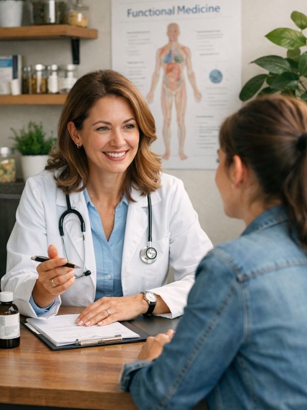 Médico de medicina funcional hablando con una paciente