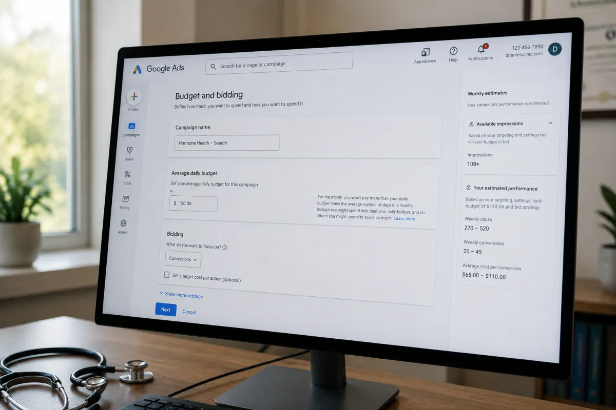 Google Ads budget settings for a functional medicine clinic's hormone health campaign