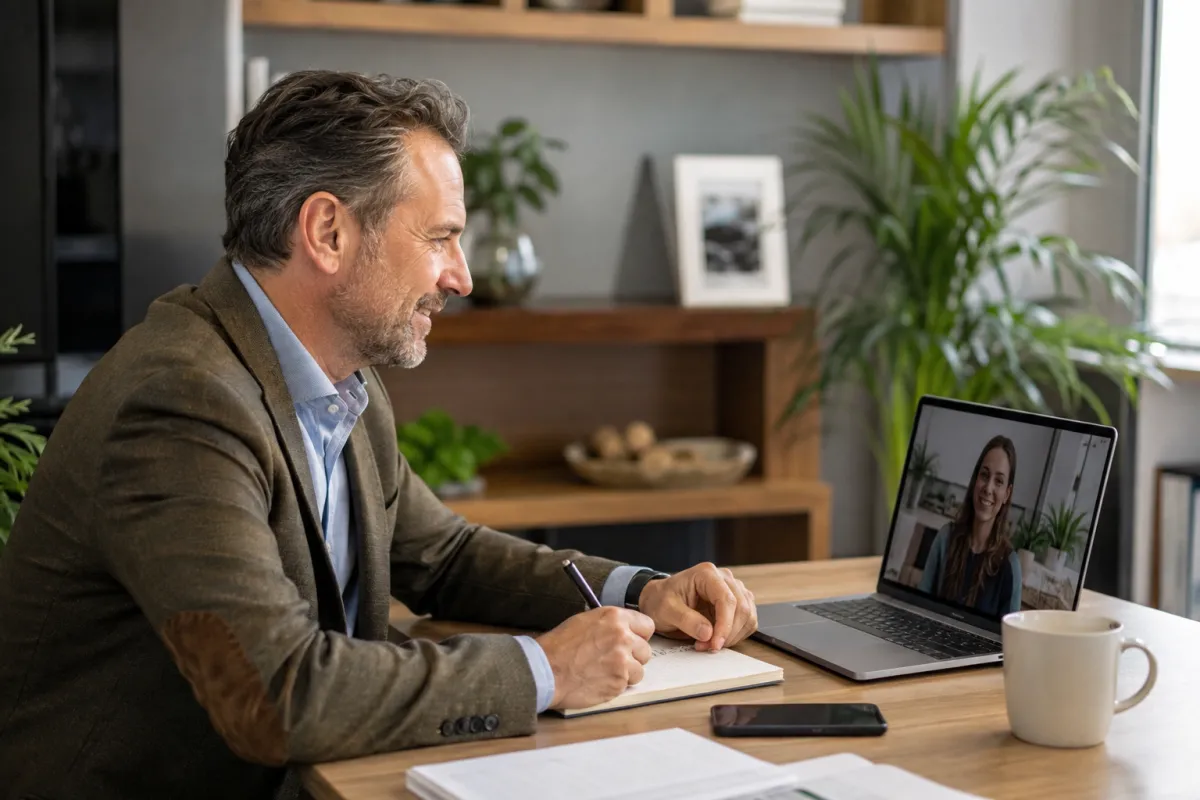 Functional medicine practice owner interviewing a marketing agency on a video call