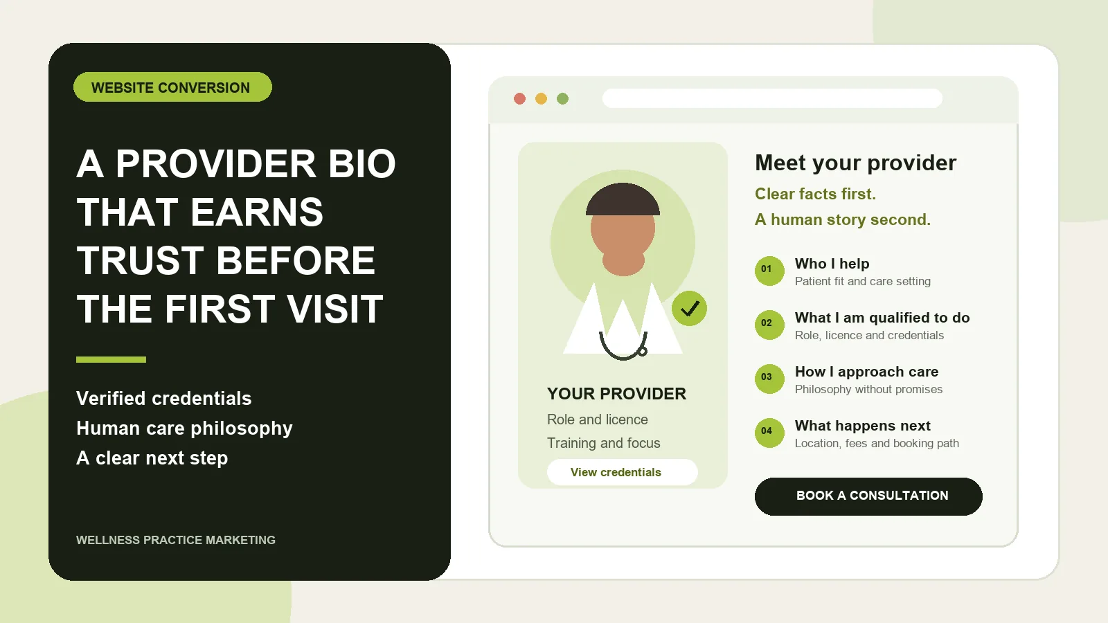 Illustrated functional medicine provider profile with credentials, care philosophy and consultation booking path