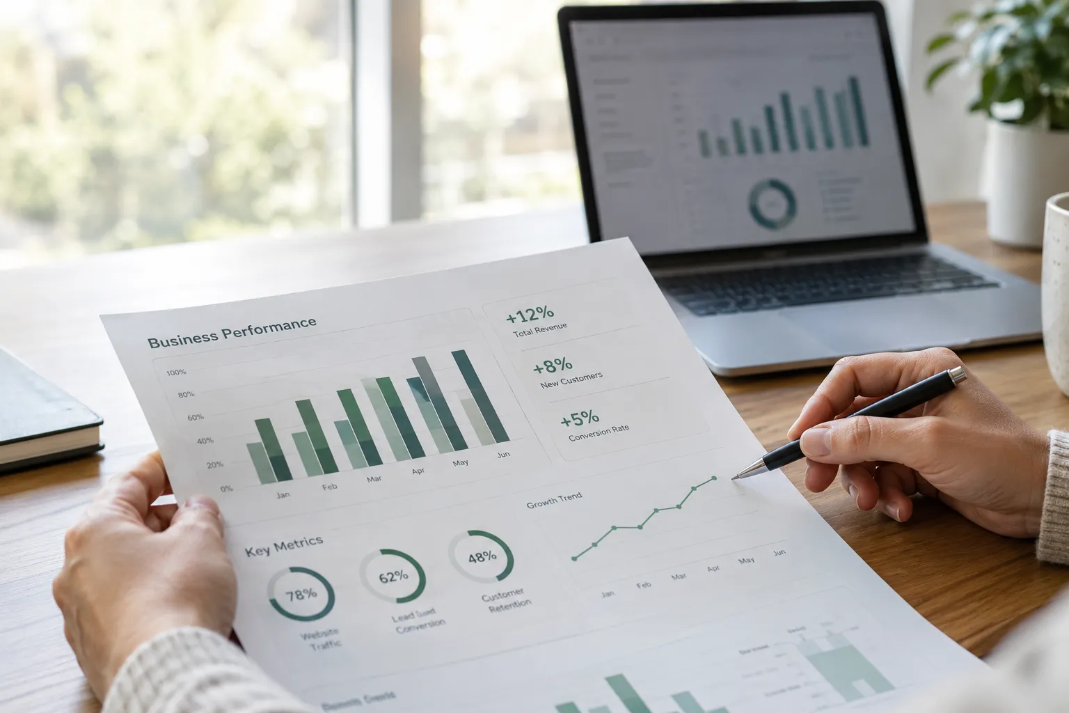 Person reviewing a printed business performance report with charts and key metrics, laptop in the background