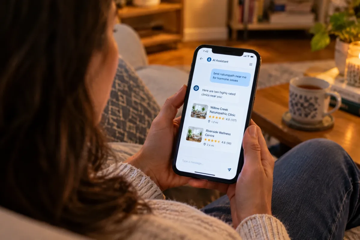 Patient at home asking an AI assistant on her phone to recommend a naturopath for hormone issues