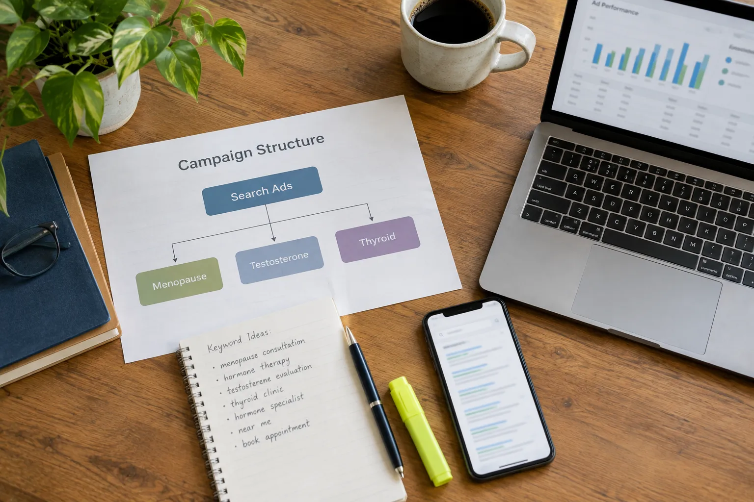 A hormone therapy clinic's Google Ads campaign structure organized by service