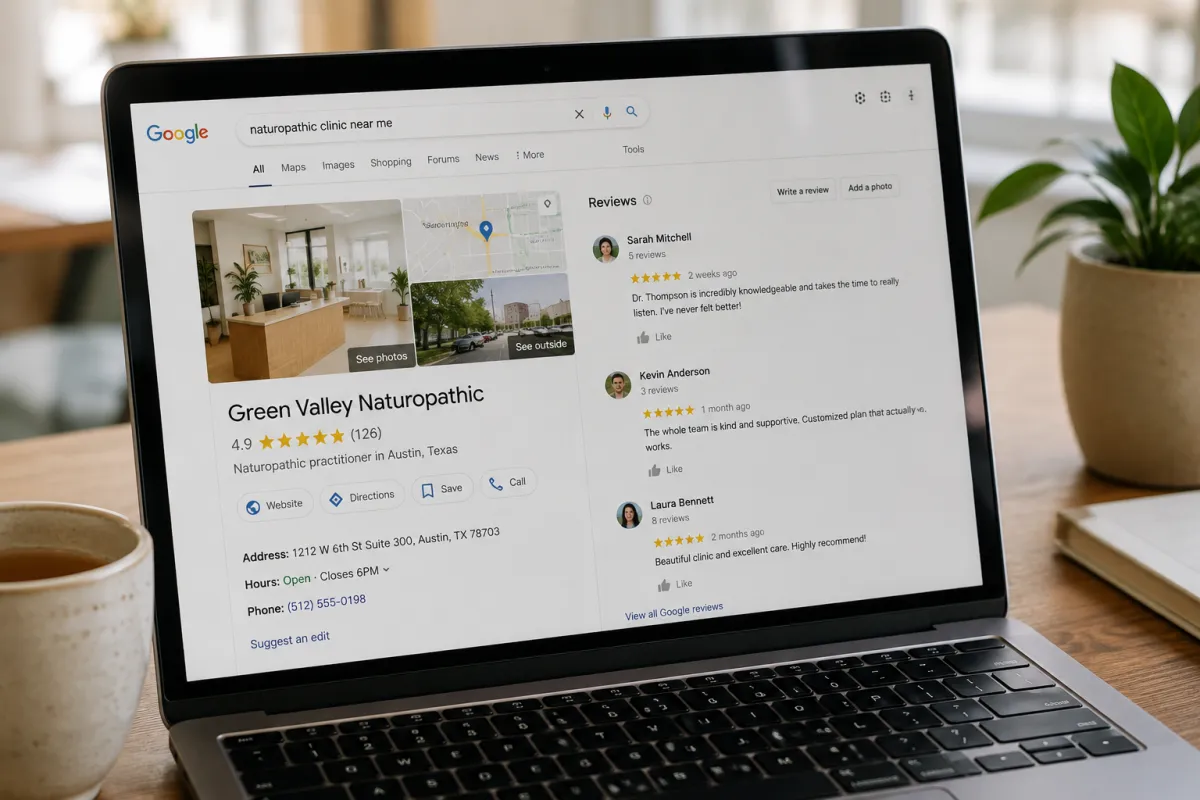 Google Business Profile of a naturopathic clinic showing a 4.9 star rating and patient reviews