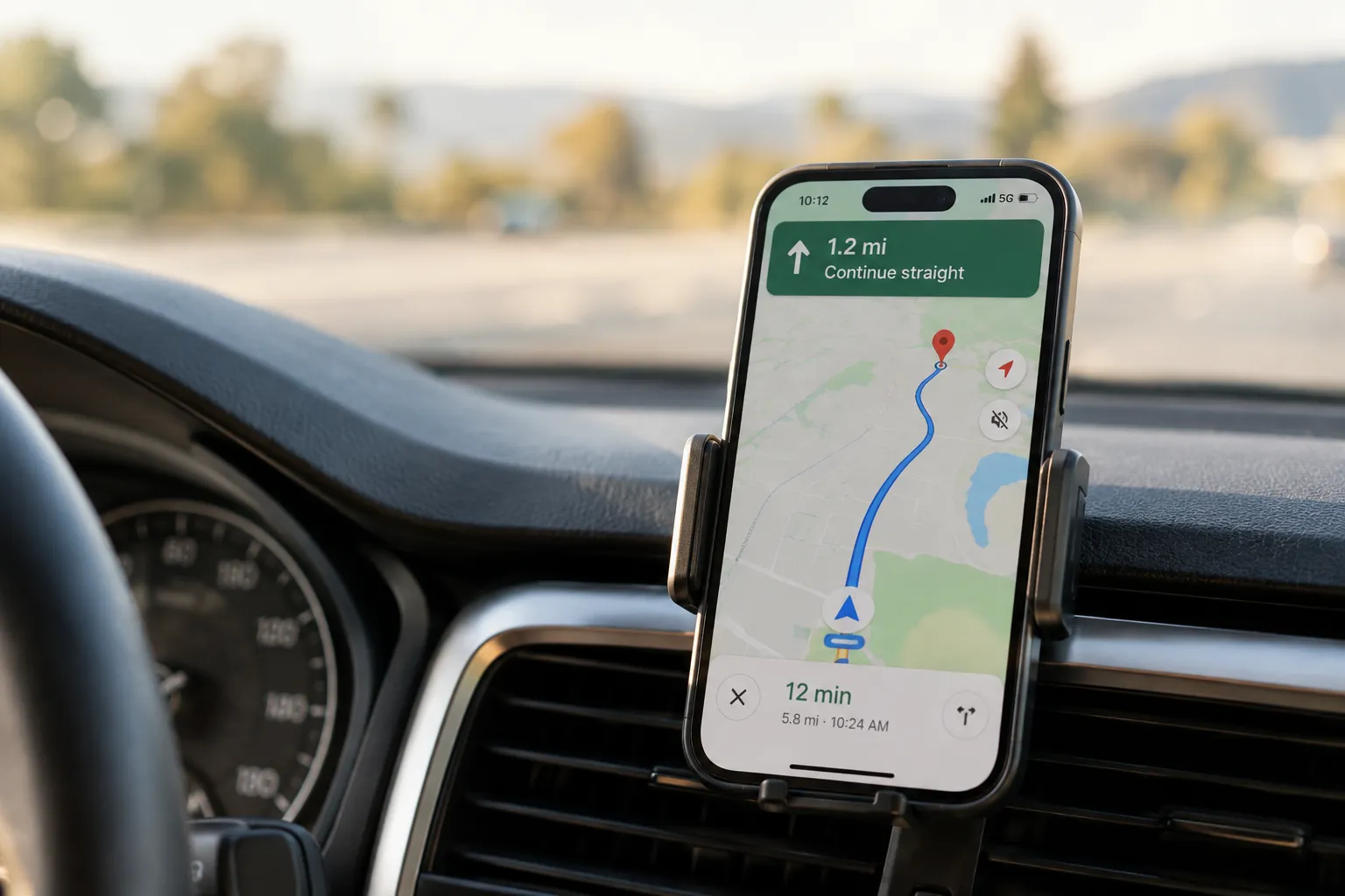 Smartphone on a car dashboard showing turn-by-turn navigation directions