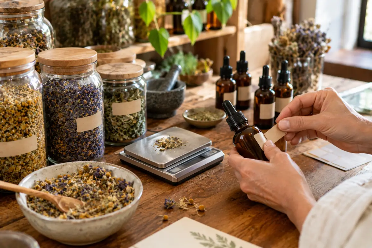 Hands labeling a tincture bottle at a natural medicine apothecary counter with jars of dried herbs