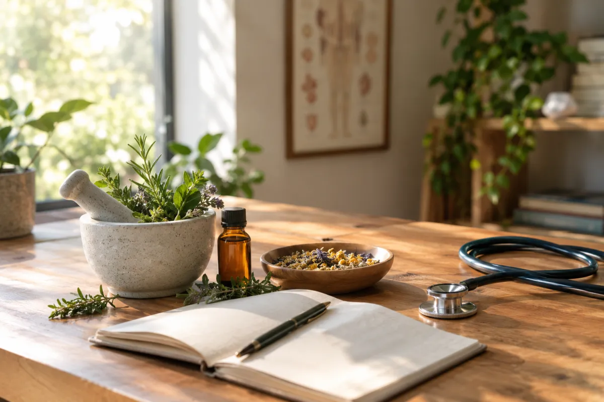 Holistic health practice still life with mortar and pestle, herbs, oils and a stethoscope