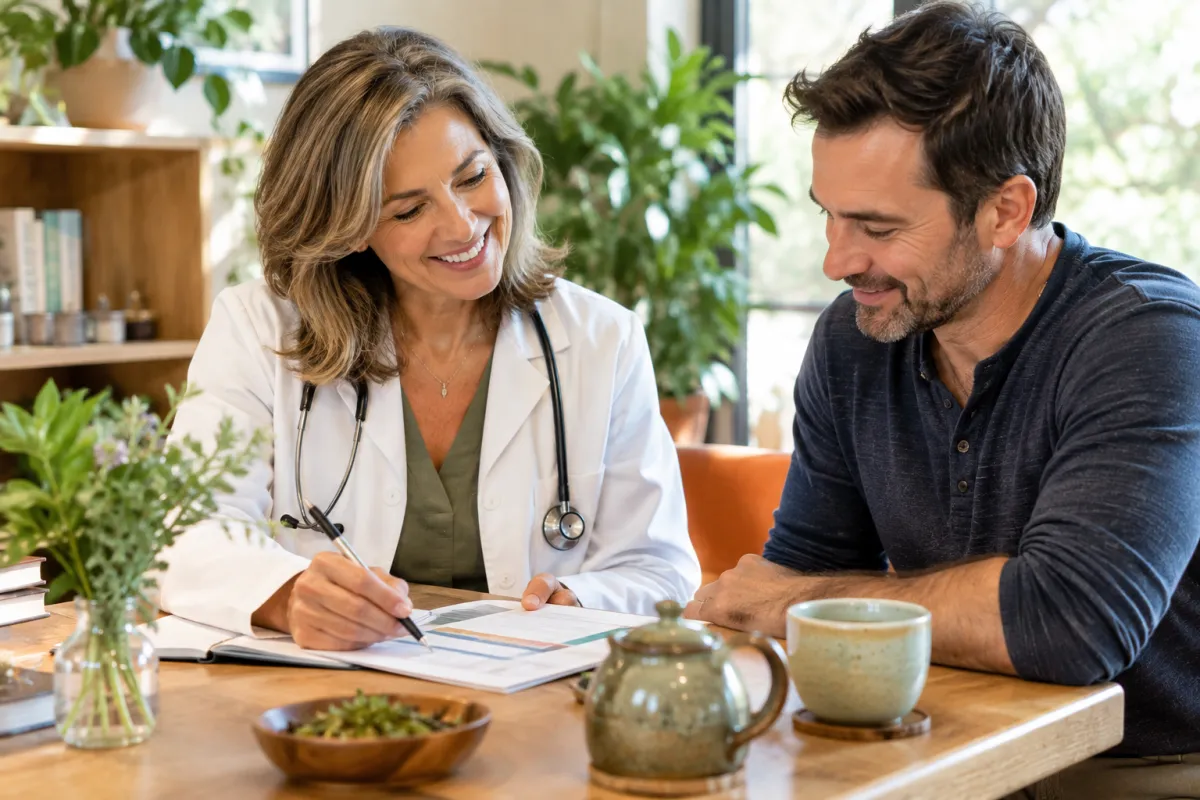 Holistic practitioner reviewing a wellness plan with a returning patient during a follow-up visit