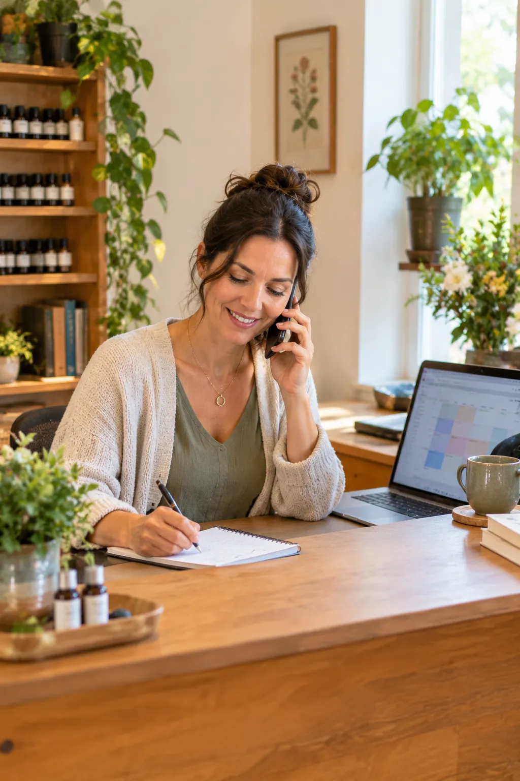 Homeopath answering a phone inquiry from a new patient who found the clinic through a Google search
