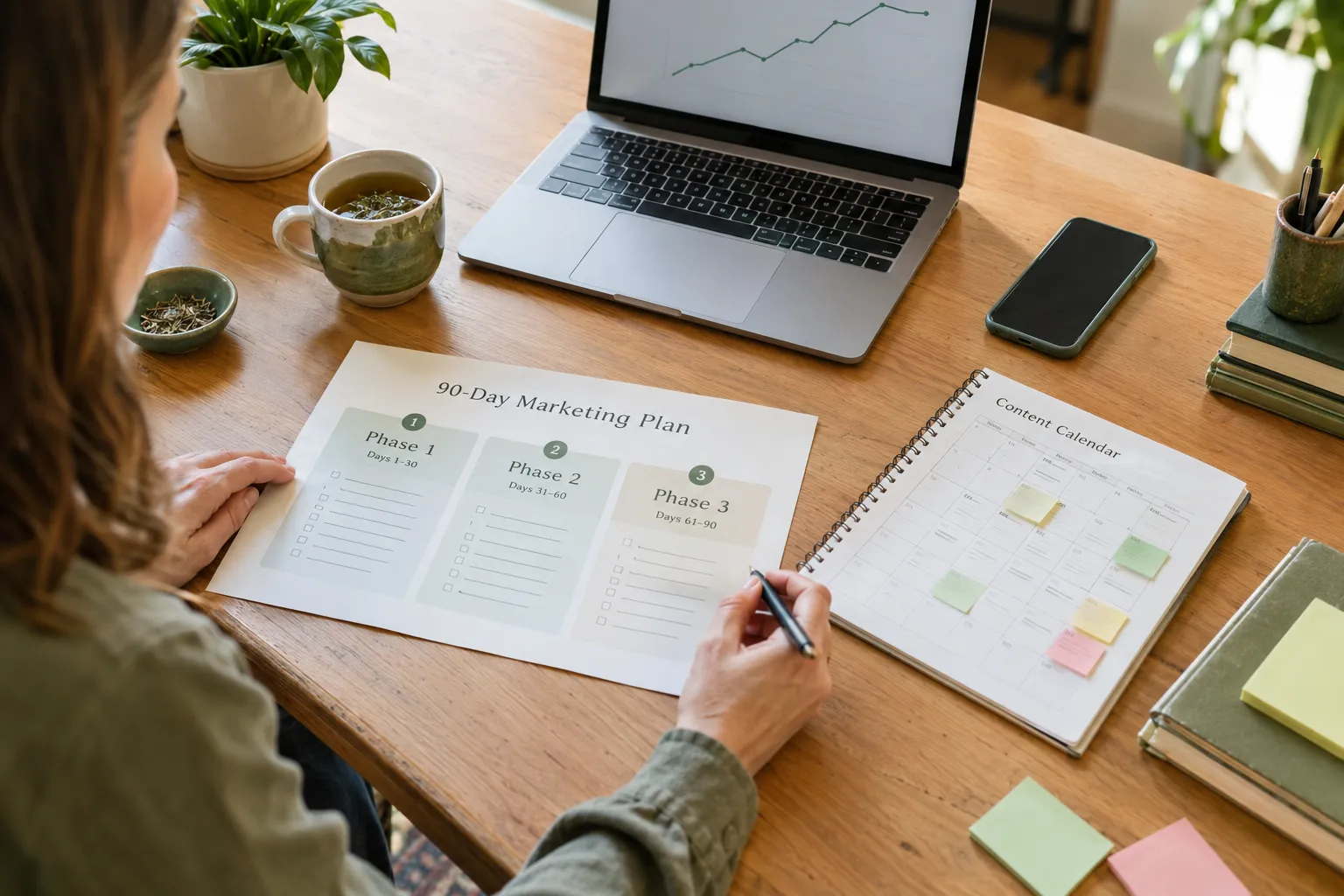 Homeopath planning a 90-day marketing plan and content calendar at a desk