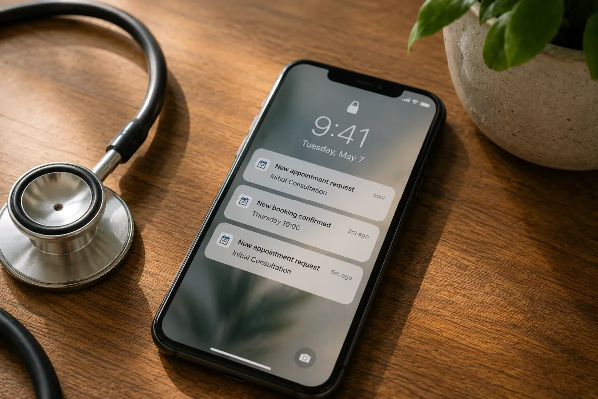 Clinic phone receiving new patient appointment request notifications