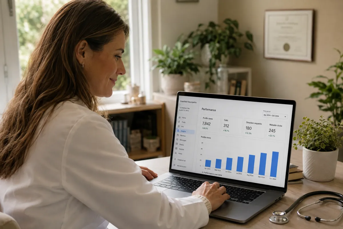 Naturopathic doctor reviewing her clinic's growing Google Business Profile performance