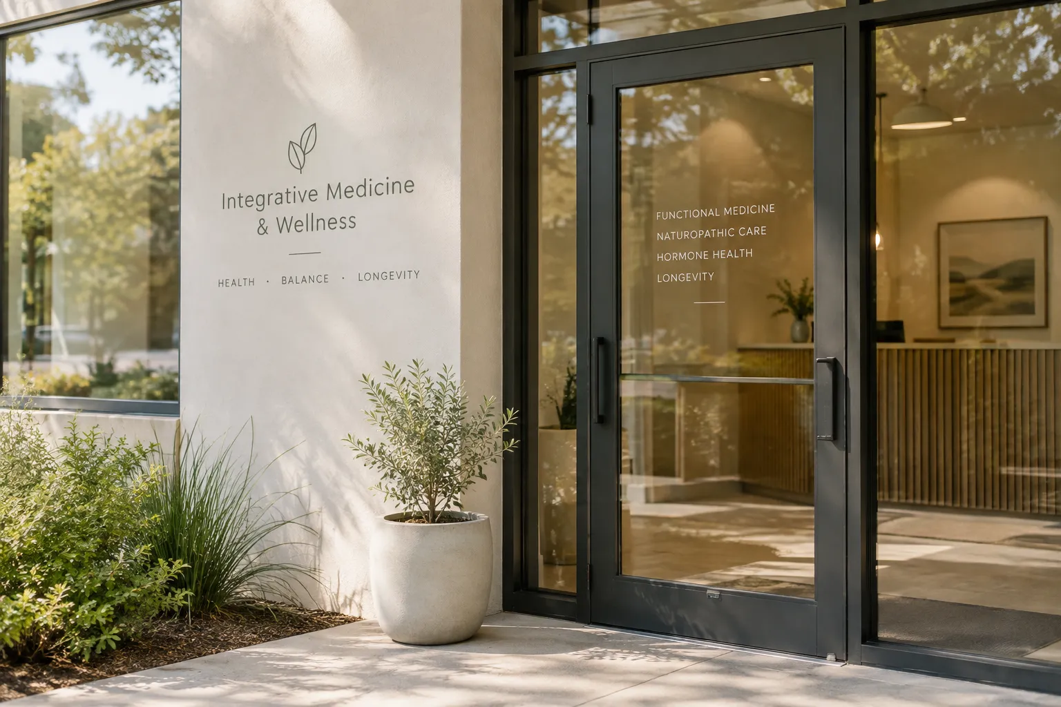 Modern integrative medicine practice entrance with signage and a glass door