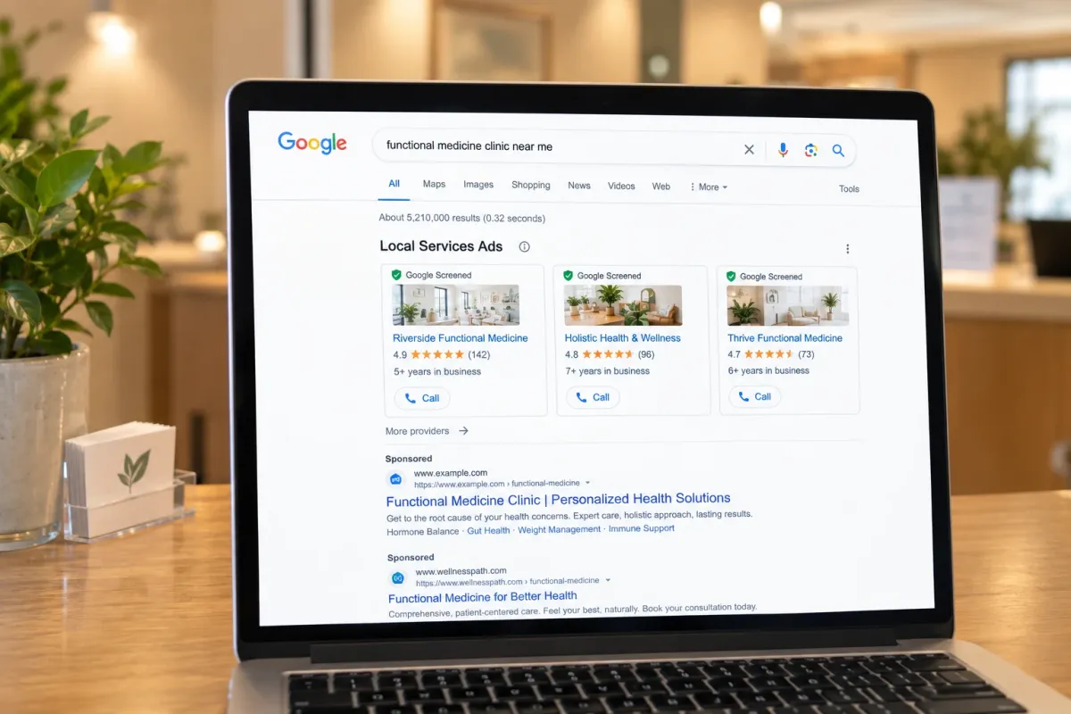 Clinic owner reviewing Google Local Services Ads results on a laptop at a practice front desk