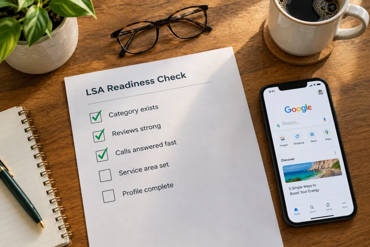 Printed LSA readiness checklist on a desk beside a phone showing the Google app