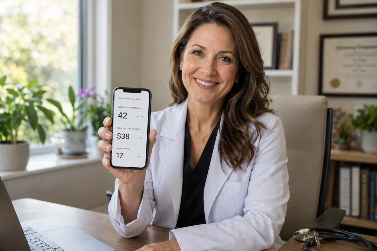 Functional medicine doctor showing her clinic's monthly marketing report with consultation requests up and cost per consultation down