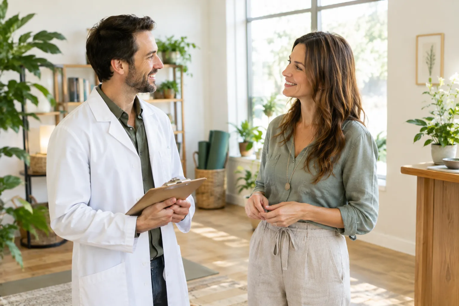 Homeopath welcoming a patient for a consultation in a bright, plant-filled clinic