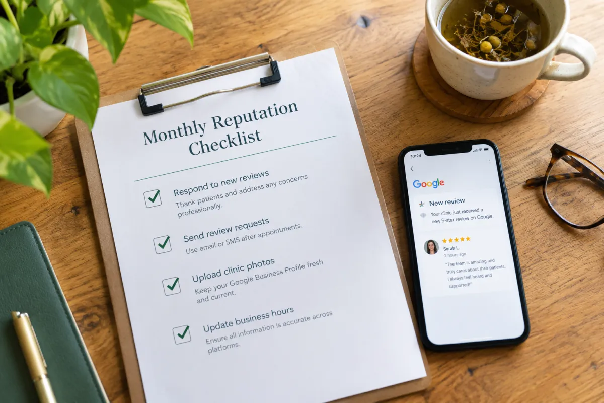 Printed monthly reputation checklist on a clipboard beside a phone showing a new Google review notification