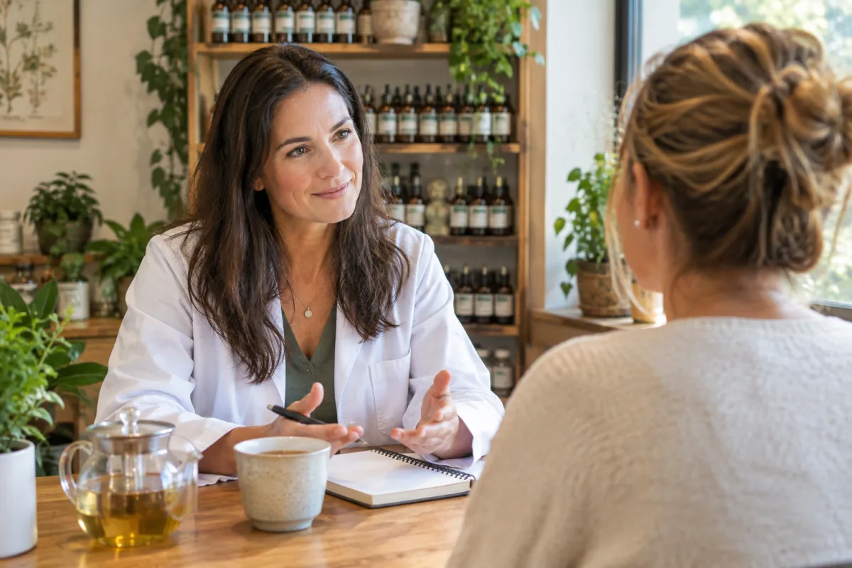 Natural medicine practitioner talking with a patient in a clinic lined with herbal remedies