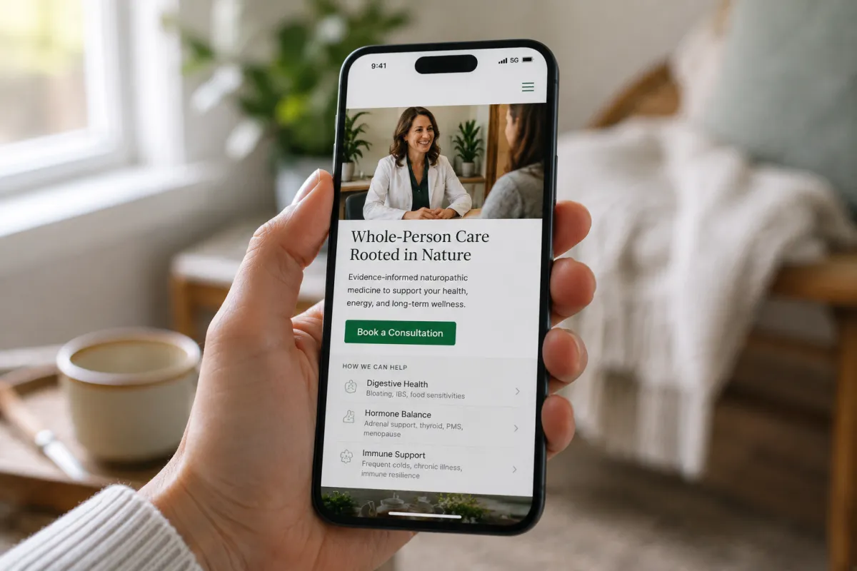 Patient viewing a naturopathic clinic's mobile booking page with a book a consultation button