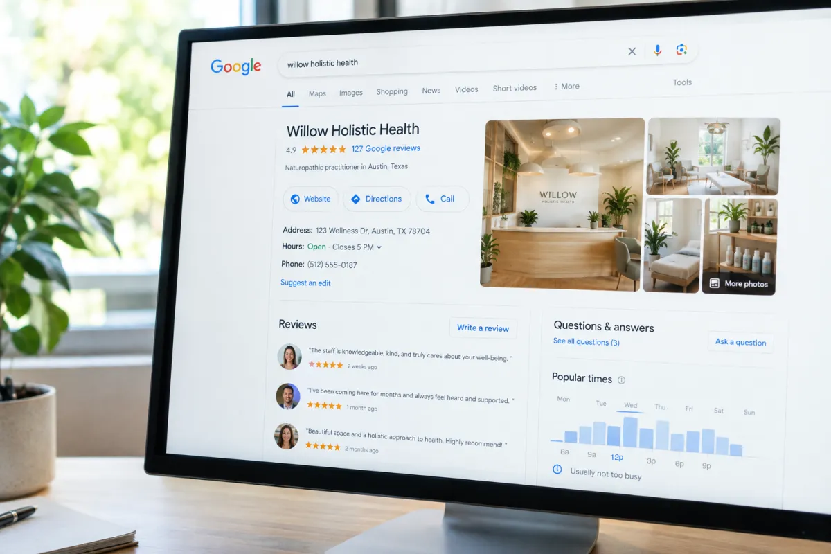 Google Business Profile for a naturopathic clinic showing a 4.9 star rating, reviews and clinic photos