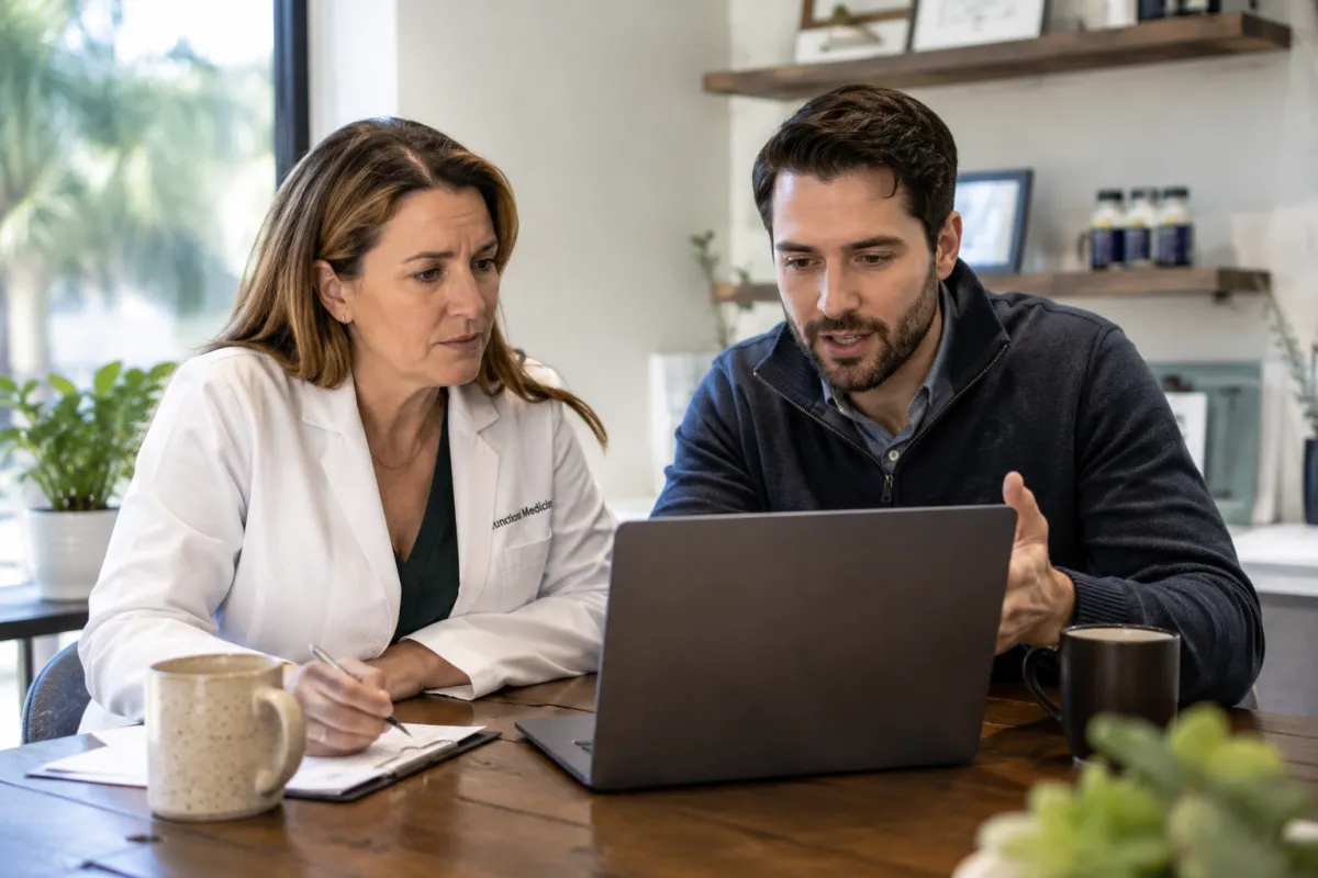 Functional medicine doctor reviewing Google Ads campaign results with a PPC specialist