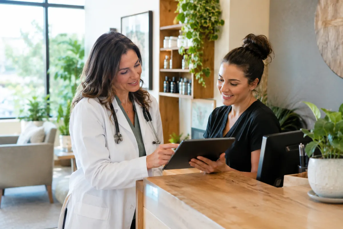 Naturopathic doctor and receptionist reviewing patient feedback together on a tablet at the clinic front desk