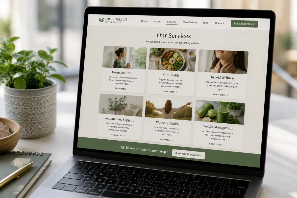 Naturopathic clinic website with dedicated service pages for hormone health, gut health and thyroid wellness