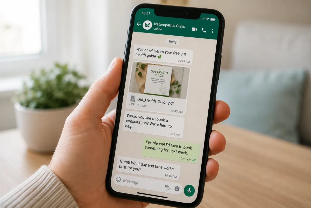 Naturopathic clinic following up with a patient over WhatsApp with a wellness guide and booking invitation