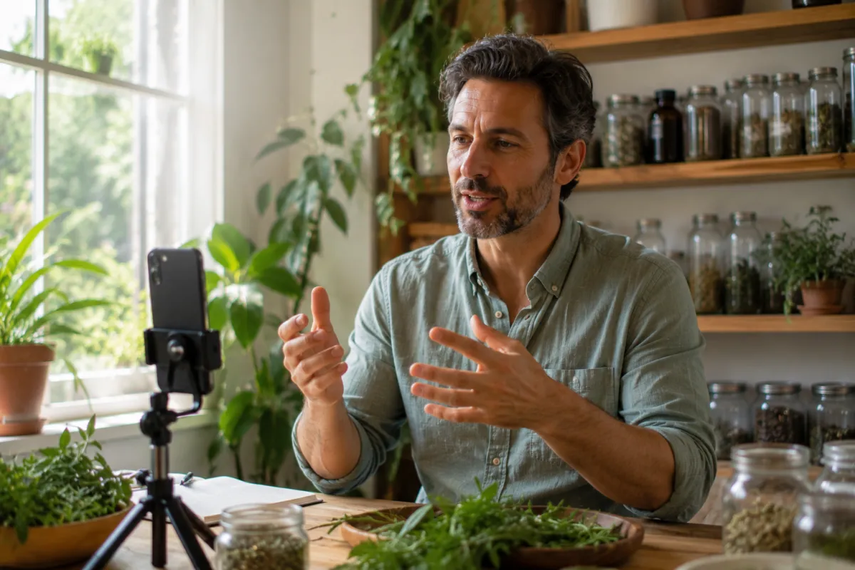 Naturopathic doctor recording behind-the-scenes educational video content in his clinic