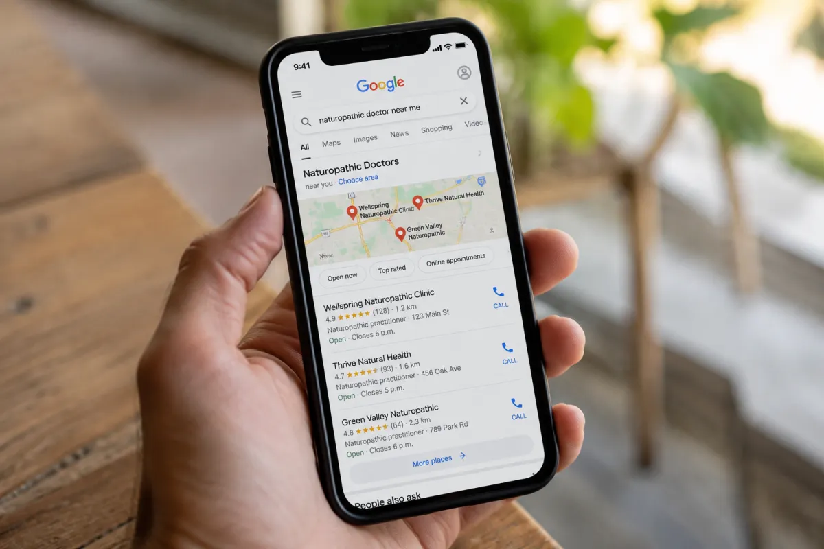 Patient searching naturopathic doctor near me on Google from a smartphone
