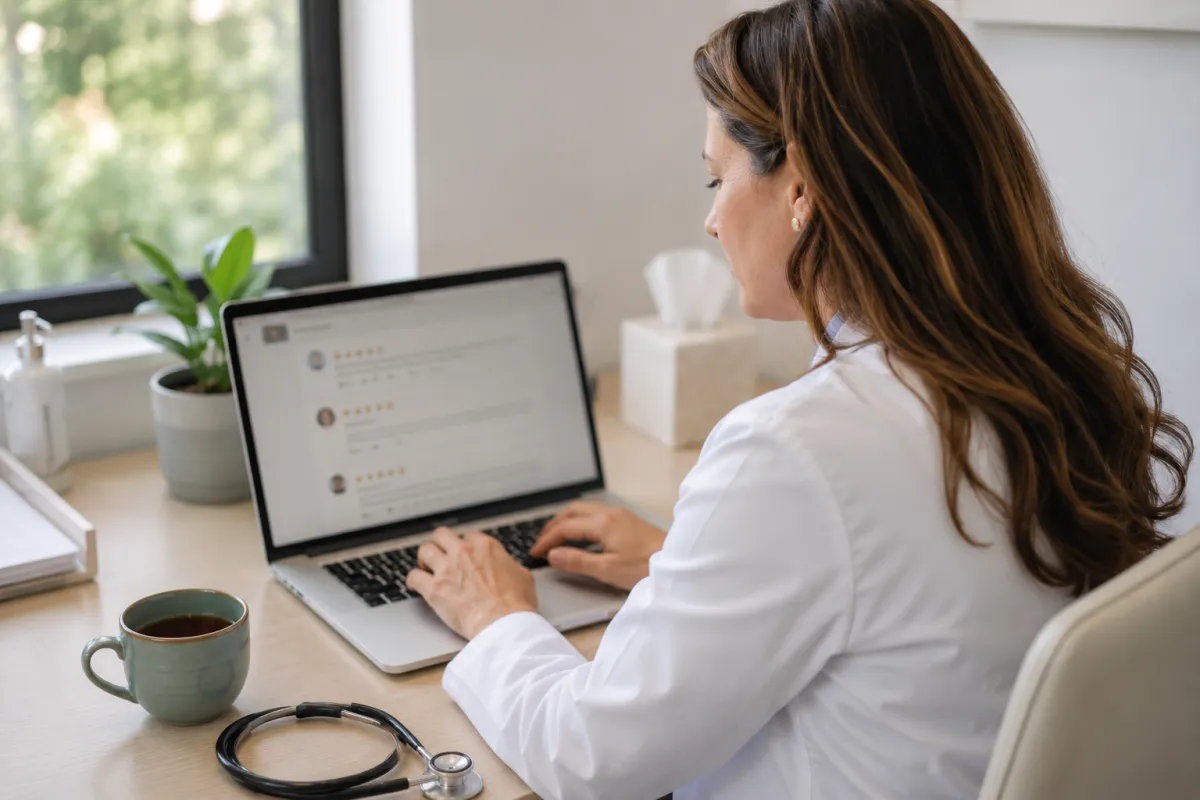 Functional medicine doctor responding professionally to Google reviews at her clinic desk