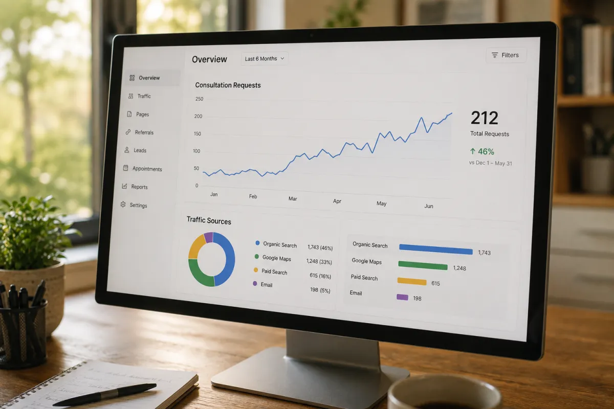 Analytics dashboard showing a naturopathic clinic's consultation requests growing across marketing channels