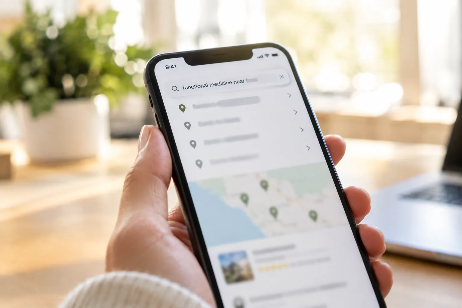 Person holding a phone showing a functional medicine near me search with a local map pack of results