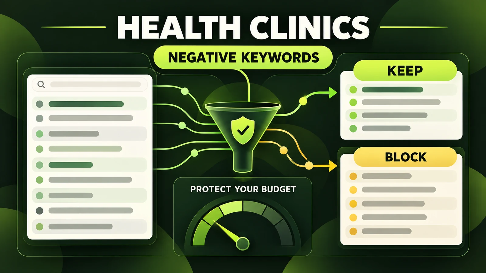 Health clinic search terms passing through a negative keyword filter into keep and block lists